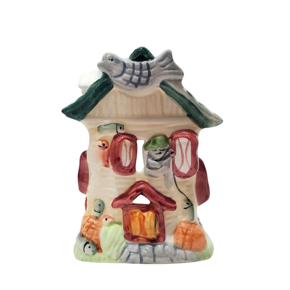 Cottage Tea Light Candle Holder with Fish 5" Tall Painted Ceramic Whimsical